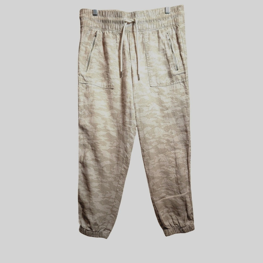 Athleta Womens Cabo Tide Linen Jogger Pants Beige Camo 6P Drawstring Utility